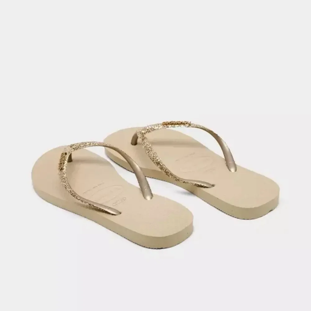Havaianas Kids Slim Glitter II Sand Grey Flip Flops 3/4Y Gold Straps NWT